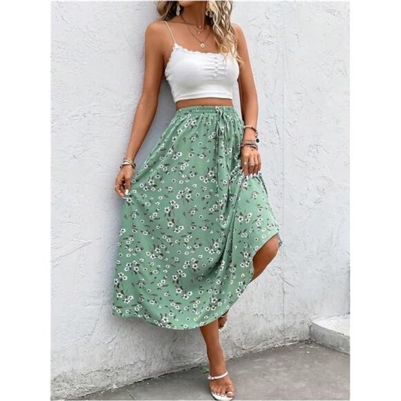 Women's Floral Print Tiered Layered Long Skirt Green - Picture 1 of 5